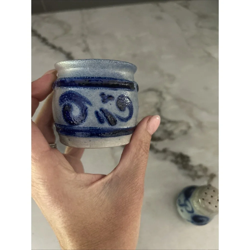 Vintage Stoneware Salt & Pepper Toothpick Holder set  POTTERY Cobalt Blue